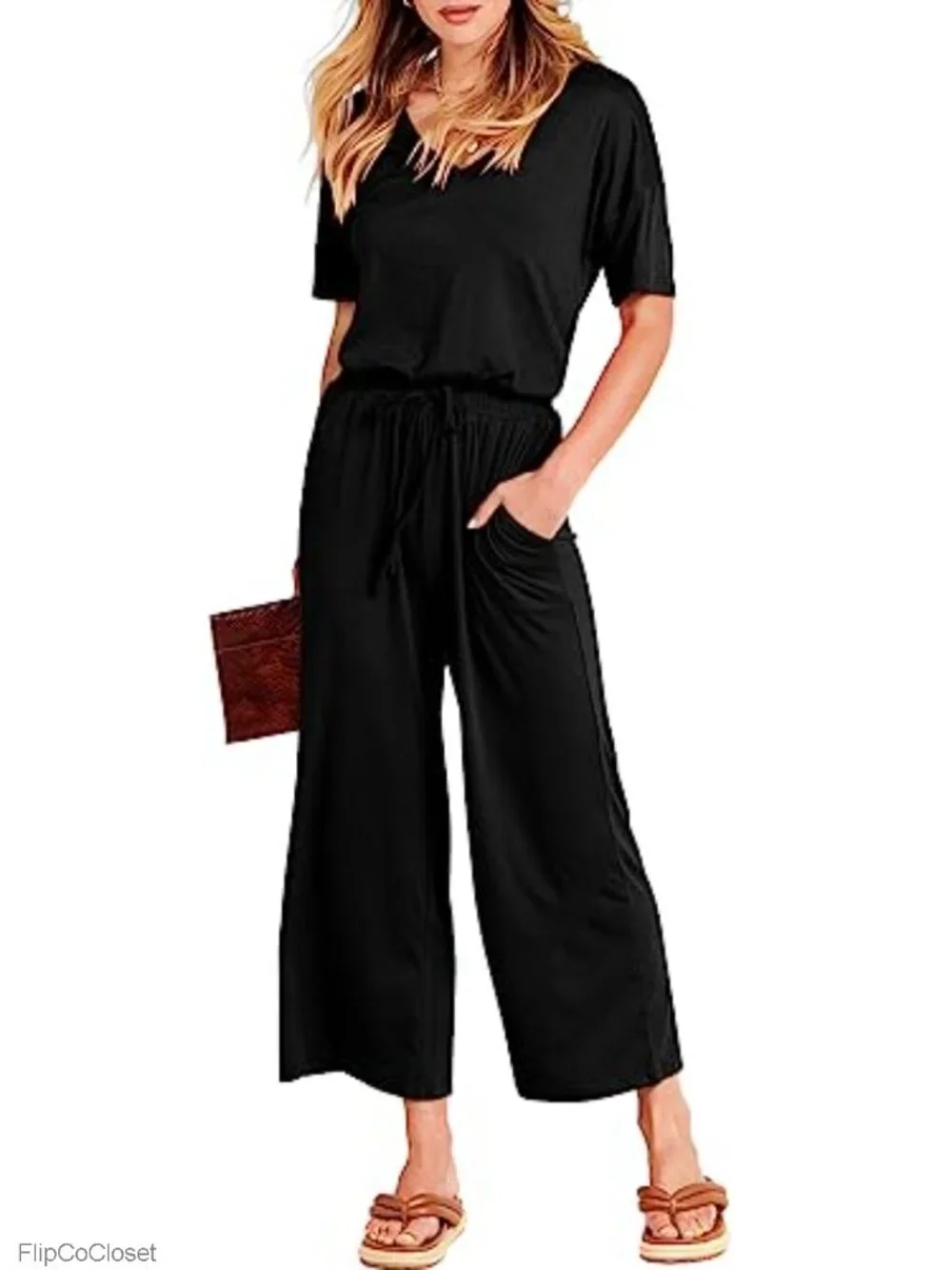 Women's Casual Wide Leg Cropped Jumpsuit V Neck Short Sleeve Romper with Pockets